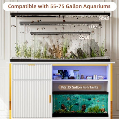 55-75 Gallon Fish Tank Stand with Power Outlets, LED Light, Vertical Lines, Heavy Duty Aquarium Stand with Cabinet for Fish Tank Accessories Storage, Turtle Tank, Reptile Terrarium, 1100LBS, White - color: White and Gold