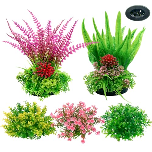 SNAIL GARDEN Artificial Colorful Aquarium Plants Set with Weighted Marble Base, 5 Pieces Large Plastic Fish Tank Plants Soft Decorations for Goldfish Betta Turtle, Tank Accessories Ornament
