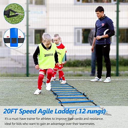 Haootadiy Agility Training Equipment, Football Training Equipment Includes 20FT Agility Ladder,4 Adjustable Agility Hurdles, 12 Football Cones, Parachute, for Training Soccer Basketball Athletes - color: BLUE