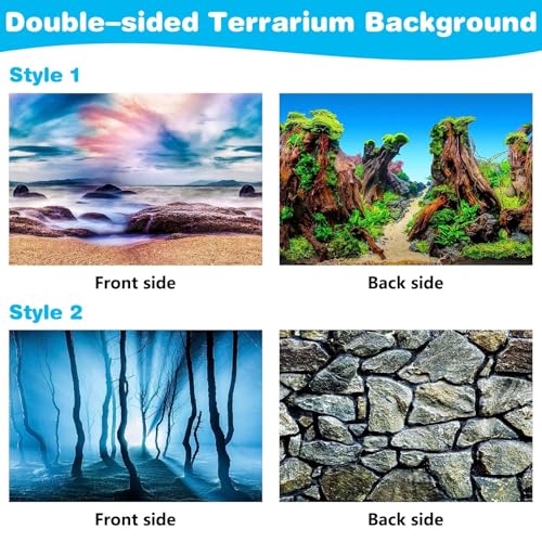 PINVNBY Reptile Terrarium Background 2 Pack 48 x 24 inches Double-Sided Reptile Tank Background Polyester Reptile Habitat Decor with Tape Green Plants & Natural Rock Aquarium Decoration - size: L: 48" x 24"