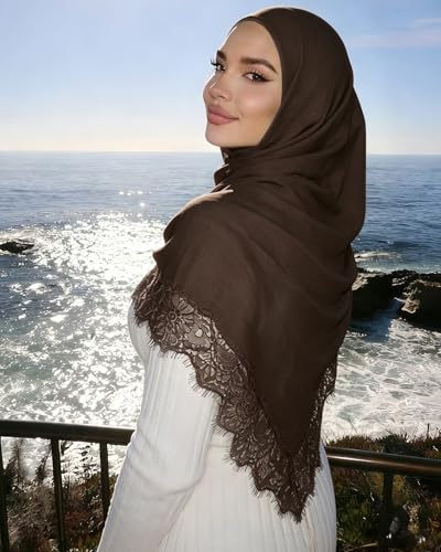 JUMISEE Elegant Floral Lace Hijab Scarf for Women Soft Cotton Head Wrap Instant Hijab Long Scarves Evening Dress Shawl - color: Coffee