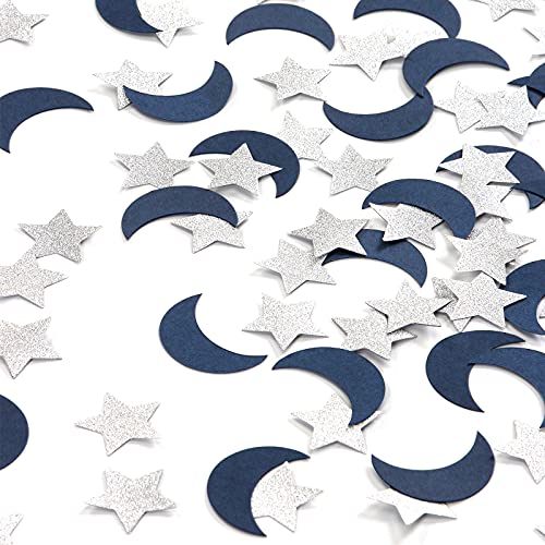 Navy-Blue Moon Silver Star Confetti - 300pcs Glitter twinkle little star Table Confetti,Ramadan Mubarak Decor Birthday Wedding Baby Shower Party Decorations Lasting Surprise - color: Navy Blue White Silver