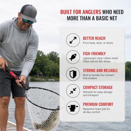 EGO S2 Slider Fishing Net Handle | Adjustable Extension Handle, Minimal Water Drag Design, Ergonomic Foam Grip for Landing Nets - size: 29" to 60" Handle, 19” x 21” Hoop, style: Lightweight Non-tangle Clear Rubber Mesh