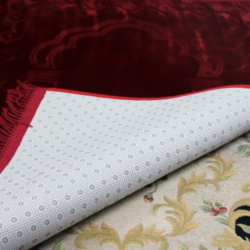 Thick Flannel Muslim Prayer Rug Embossed Turkish Prayer Carpet Islam Prayer Mat Rosary Beads for Men Women Islamic Janamaz Great Ramadan Eid Gift Elegant Sajadah with Tassel Salat Rug 80x120cm - color: Red
