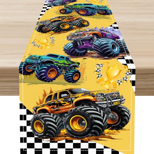 Truck Table Runner,Yellow Pattern with Colorful Trucks Trophy Black White Plaid Decor for Kids Party Dinner Festival Farmhouse Holiday Dining Room, 13"x36" - color: Car-3, size: 13"X36"