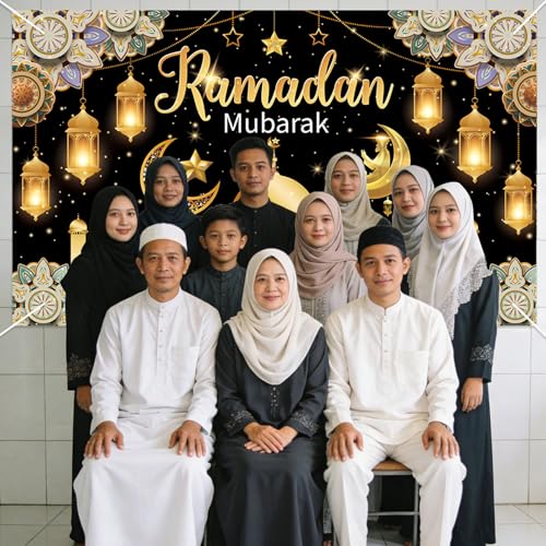 Eid Mubarak Backdrop Banner, Black and Gold Ramadan Mubarak Background Banner, Glittering Lantern Moon Star Night Backdrop for Wall Photo Background Home Muslim Eid Mubaraks Party Decorations Supplies