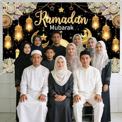 Eid Mubarak Backdrop Banner, Black and Gold Ramadan Mubarak Background Banner, Glittering Lantern Moon Star Night Backdrop for Wall Photo Background Home Muslim Eid Mubaraks Party Decorations Supplies