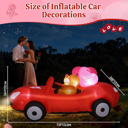 Lewondr 7.5FT Valentine's Day Inflatable Outdoor Decorations, Lovely Bears Drive a Car Blow up Romantic Yard Decoration with 10 Build-in Lights, Valentine's Inflatable Decor for Lawn Party Wedding - style: Car