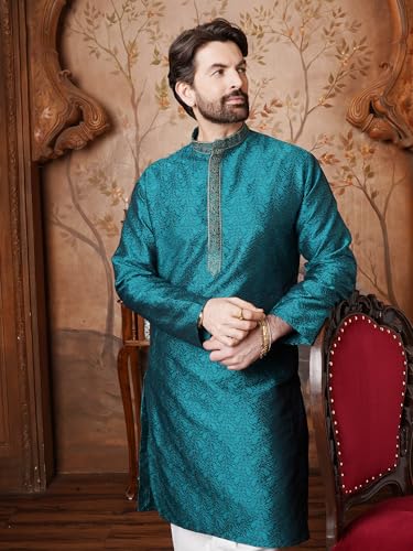Sojanya (Since 1958 Men'S Teal Silk Blend Kurta Churidar Pyjama Set - color: Teal Green and Off White, size: Large