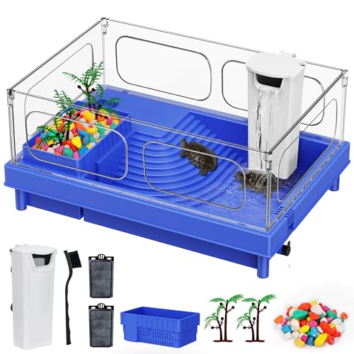 Small Turtle Tank with Filter for Baby Turtles | Blue Clear-Panel Habitat, with Basking Platform and Bottom Drain, Low-Water Starter Aquarium, for Crabs and Small Reptiles - color: Blue, size: Tank+Filter