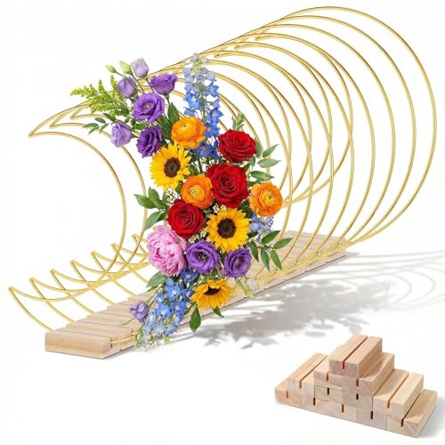 12 Sets Moon Shaped Metal Hoops for Crafts, Metal Wreath Ring Stand | with Wooden Base Hoops for Crafts Dream Catcher Ring for Weddings, Banquets, Parties and Home Decoration-Gold, 10×8.46 Inch