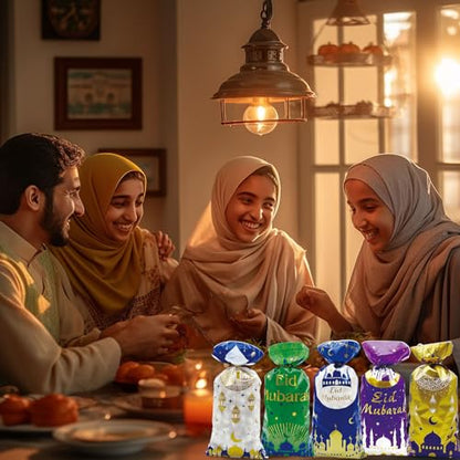 Hying 100 PCS Eid Mubarak Cellophane Bags with Twist Ties for Gift, Ramadan Cello Bag Eid Mubarak Castle Candy Bags Muslim Festival Moon Star Treat Bags for Cookie Candy Goodies Wrapping Supplies - color: Style 1: Eid Bags