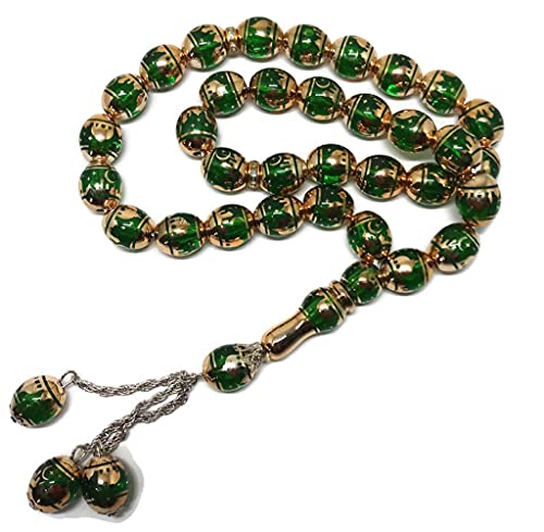 Muslim Tasbih 33 Rosary Bead AMN-276 Islam Prayer dhikr Misbaha with Masjid Image Printed on Laser Crystal Stone Beads Islamic Religion Eid Ramadan Gift (Green) - color: Green