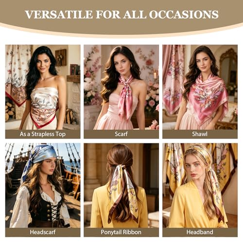 DRESHOW 35” Large Square Satin Head Scarf - 4Pcs Silk Accessories Classic Patterned Squares Beach Bandanas for Women - color: 4 Pcs Printed: Dusty Pink, Khaki, Navy Blue, Yellow