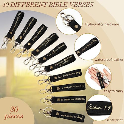 20 Pcs Christian Key Chain Leather Religious Keychain Inspirational Bible Key Chains Verse Quote Keychains Easter Day Gift - color: Black Gold