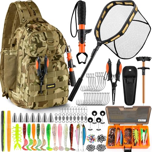 PLUSINNO Fishing Backpack with Floating Fishing Net, Tackle Boxes, Waterproof Sling Tackle Bag For Fish Gear With Rod Holder, Gifts for Men - color: Fishing Backpack With Fishing Net (Orange)
