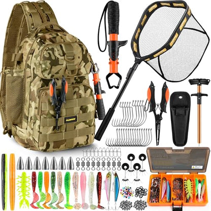 PLUSINNO Fishing Gear,Fsihing Backpack with Floating Fishing Net,Tackle Boxes,Waterproof Fishing Tackle Bag,Fishing Gifts for Men - color: Khaki Camo Backpack With Fishing Net