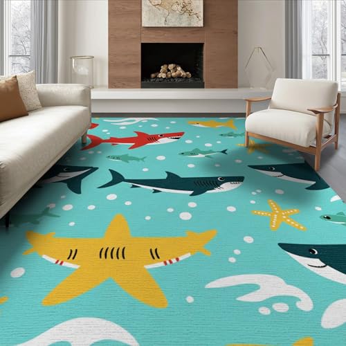 6'x9' Washable Graphic Wave Area Rug, Yellow Foldable Non-Slip Large Carpet Foldable Easy Care Carpet for Queen Size Bedroom, Under Bed, Master Bedroom | Ref:2070037 - color: Blue/Pattern 14, size: 6' x 9' (Rectangular)