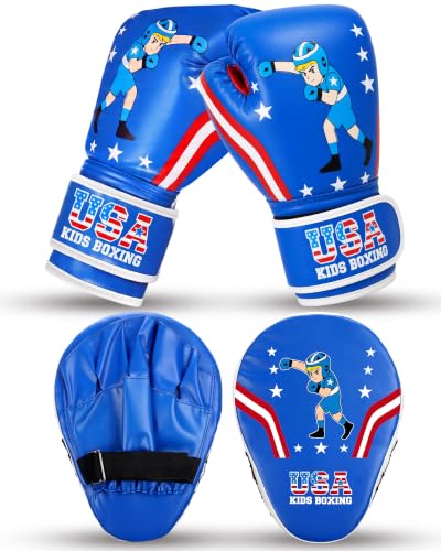 Boxing Gloves and Punching Mitts Set 4oz Gloves Boxing Pads Kids Youth Sparring Gear Training Equipment for Taekwondo Kick Karate Muay Thai MMA Martial Art - style: Blue Hero