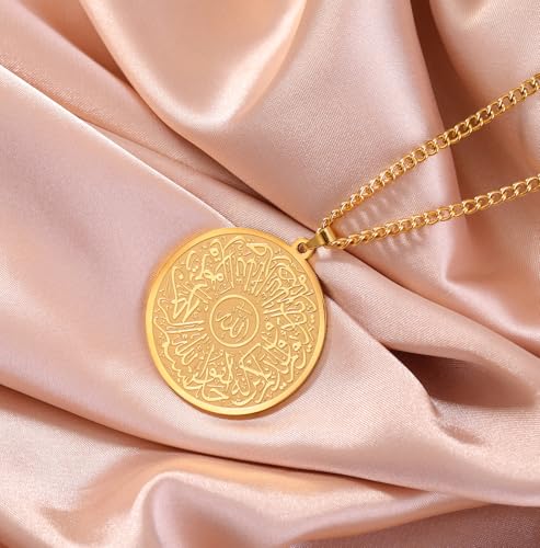 Islamic Ayatul Kursi Necklace Allah Pendant Quran Protection Asma - Ul - Husna Necklace Arabic Calligraphy Script Islam Eid Ramadan Gift Muslim Religious Jewelry Women Men - color: gold
