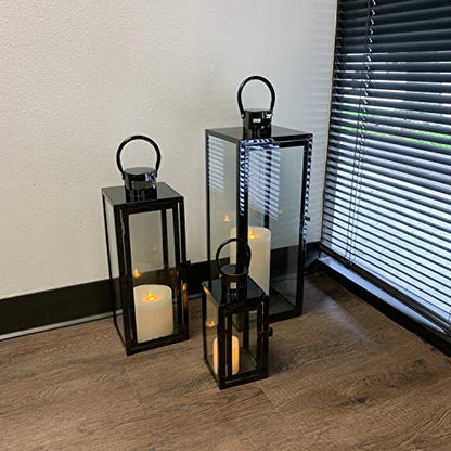 Allgala 3-PC Lantern Set 23 Inch Jumbo Deluxe Modern Indoor/Outdoor Candle Lantern Set Stainless Steel Frame Tempered Glass Rectangular Black for Garden Poolside Fireplace Wedding - color: Cuboid Black