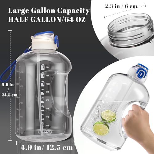64 OZ Water Bottle with Straw, Half Gallon Water Bottle Times to Drink, Reusable Leak Proof Water Jug Handle with Strap, 2 Lids BPA Free for Fitness Gym Camping (Clear, 64 Ounces) - size: 64 Ounces