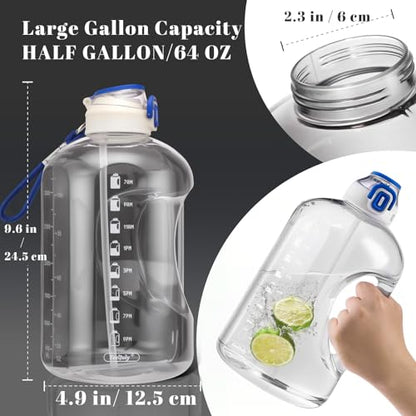 64 OZ Water Bottle with Straw, Half Gallon Water Bottle Times to Drink, Reusable Leak Proof Water Jug Handle with Strap, 2 Lids BPA Free for Fitness Gym Camping (Clear, 64 Ounces) - size: 64 Ounces