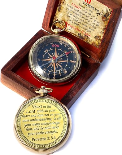 Trust in The Lord With All Your Heart - Proverbs 3:5-6 Quote Engraved Compass With Wooden Box, Greeting Card, Gift Compass, Graduation Day Gifts 2024 for Women Men Boys Girls - style: #3 Trust in The Lord Compass -Proverbs 3: 5-6