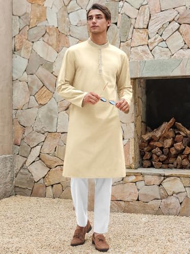 Runcati Mens Cotton Kaftan Robe Long Sleeve Button Down Henley Shirts Thobe Casual Side Split Gown Shirt - color: Beige, size: Medium