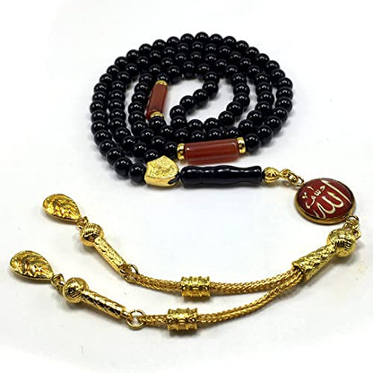 Special Prayer Beads Series -99 beads- Tesbih Tasbih Tasbeeh Misbaha Masbaha Subha Sebha Sibha (Black Shiny Agate Stone and Allah Tassel Design -6 mm Small Beads-) - color: Black Shiny Agate Stone and Allah Tassel Design -6 mm Small Beads-