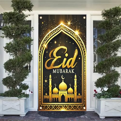 Eid Mubarak Door Cover Banner 71x35inch Black and Gold Mosque Design Islamic Festival Decoration for Ramadan Eid al-Fitr Indoor Outdoor Front Door Wall Hanging - color: Style 1