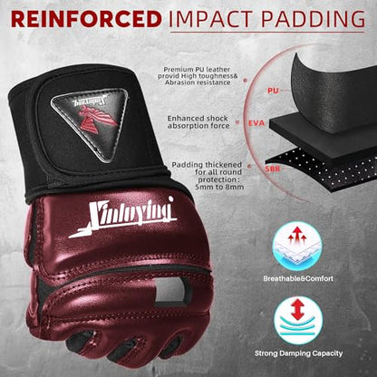 Xinluying MMA Gloves Boxing Punch Bag Training Martial Arts Sparring Grappling Kickboxing Muay Thai Gloves, Thickened Knuckle Pads, Wider Wristband, Fingerless Rub Resistance Mitts for Men Women Kids - color: Red, size: Medium
