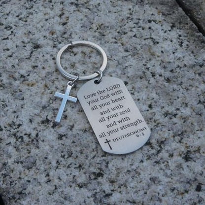 Inspirational Scripture Keychain with Cross - Bible Verse Matte Key Chain Religious Gift for Christian - style: Deuteronomy 6:5