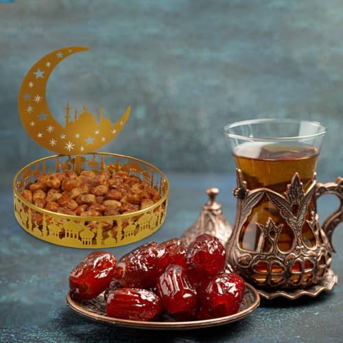 Ramadan Tray Eid Mubarak Metal Serving Tray Lunar Crescent Eid Mubarak Dishes Tray Plate Ramadan Eid Serving Tray Fruit Tray Tableware Dessert Platters Storage Container Display Holder