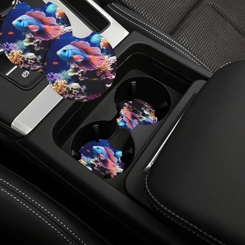 Coral Reef Fish Aquarium Car Cup Holder Coasters 2 Pcs Car Coaster Anti Slip Car Cup Pad Universal Car Interior Cup Holder Pads Rubber Car Cup Mat with A Finger Notch