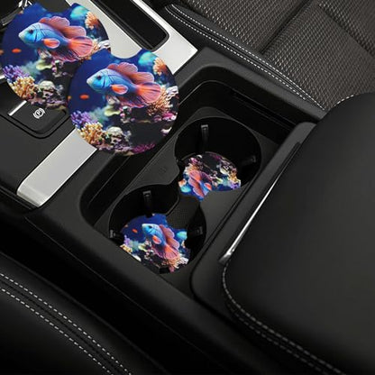 Coral Reef Fish Aquarium Car Cup Holder Coasters 2 Pcs Car Coaster Anti Slip Car Cup Pad Universal Car Interior Cup Holder Pads Rubber Car Cup Mat with A Finger Notch