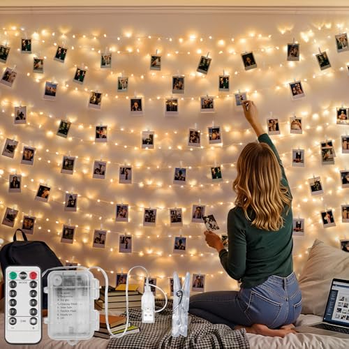 suddus 33ft 100 LED Fairy Lights with Clips for Pictures, Photo Lights with Remote USB Powered & Battery Operated with 45 Clear Clips, String Lights for Party, Bedroom, Decoration, Warm White - color: Warm White, size: 100LEDUSB/Battery