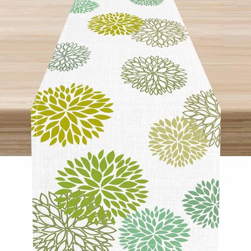 Green Floral Table Runner, Boho Spring Seasonal Dahlia Pinnata Flower Modern Elegant Garden Coffee Table Center Decor for Home Kitchen Dining Patio Holiday Party Table Decorations, 13"x36" Inch - color: Floral-6, size: 13x36" Table Runner