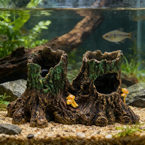 M2cbridge Aquarium Betta Log Resin Hollow Tree Trunk Stump Shelter | Natural look resin tree trunk, zero maintenance, rinse with water before use - color: Tree Stump