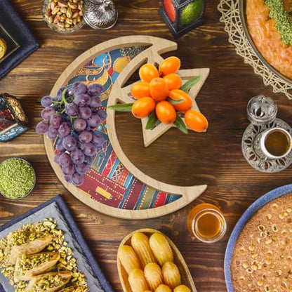 Wooden Eid Mubarak Dessert Tray, Star and Moon Tray Ramadan Serving Tray, Ramadan Decorations for Table Islam Muslim Party Festival Party