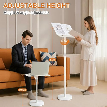 2 in 1 Dual-use Floor & Desktop Book Stand White, 19.6-54 Inch Height Adjustable, for Bible Stand Music Holder Podium Recipe Cookbook, Foldable Book Holder for Reading with Page Clips