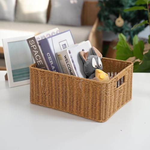 YRMT Rattan Storage Basket Pantry Basket with Built-in Handles Wicker Basket for Organizing Shelves Waterproof Woven Basket Nature (14"x10"x6.3") - size: 14"x10"x6.3"