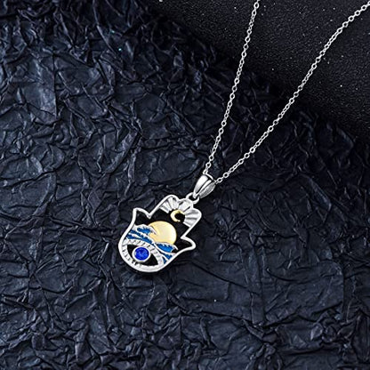 PROESS 925 Sterling Silver Hamsa/Allah Necklace Evil Eye Amulet Jewelry Gifts for Men Women - style: sun and moon necklace