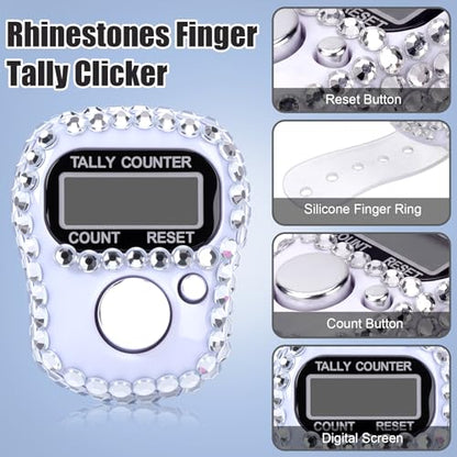 Simgoing Electronic Finger Clicker Counter, Rhinestones Tally Tasbeeh Counter Gifts for Prayer Islamic Golf Counting Goods Lap Knitting Bling Accessories - color: Silver