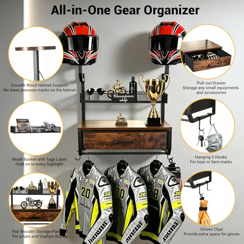 Motorcycle Helmet Holder Wall Mounted with 4 Hanging Hooks, Drawer & Mesh Basket, All-in-On Easy Access Gear Storage Organizer for Helmets Shape Protection, Motorcycle Accessories, Black