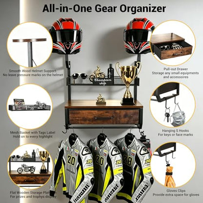 Motorcycle Helmet Holder Wall Mounted with 4 Hanging Hooks, Drawer & Mesh Basket, All-in-On Easy Access Gear Storage Organizer for Helmets Shape Protection, Motorcycle Accessories, Black