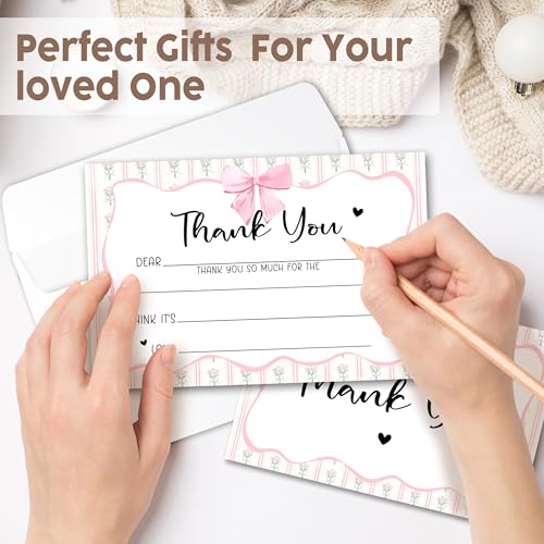 Kids Thank You Cards with Envelopes, Pink Bow Theme Fill in the Blank Thank You Notes for Kids, Toddler Stationery Set, Ideal for Birthday Party, Graduation & School Gag Gifts - B04 - color: Pink Bow Style