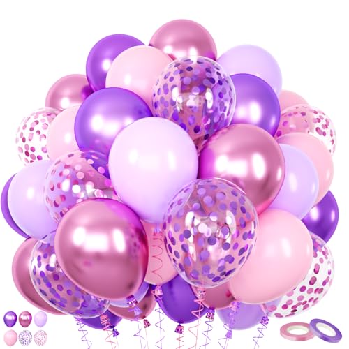 Purple Pink Balloons, 60 Packs 12 Inch Metallic Purple Pink Confetti Balloons, Pastel Lavender Balloon for Girls Women Birthday Wedding Bridal Baby Shower Princess Music Theme Party Decoration - color: Pink Purple