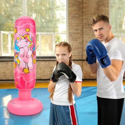 2 Pcs 47" Kids Punching Bag Girls Stable Inflatable Boxing Bag Unicorn Heavy Punch with Instant Bounce Back Movement Kids Workout Equipment Karate Gifts for Girls Karate Taekwond