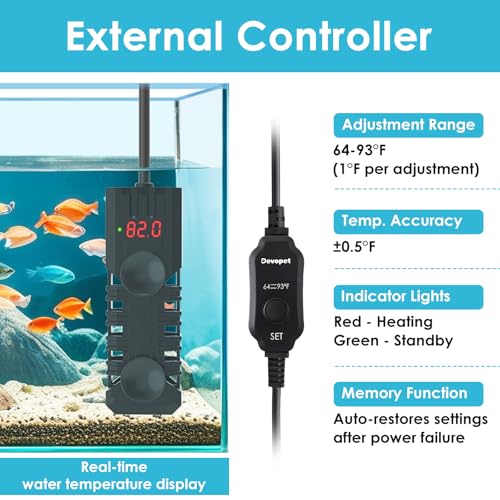 50W Aquarium Heater, Adjustable Small Fish Tank Heater, with Digital Display, Overheat Protection & Dry Run Protection, for 5-10 Gallon Water - size: For 5-10 Gal